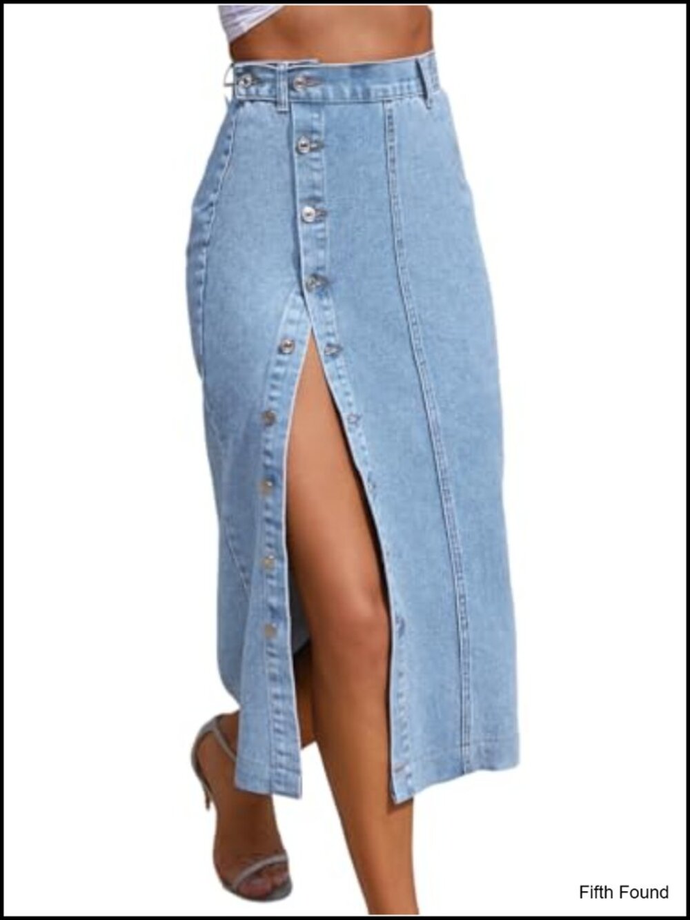 High Waisted Denim Midi Skirt Button Front Slit Cotton Blend